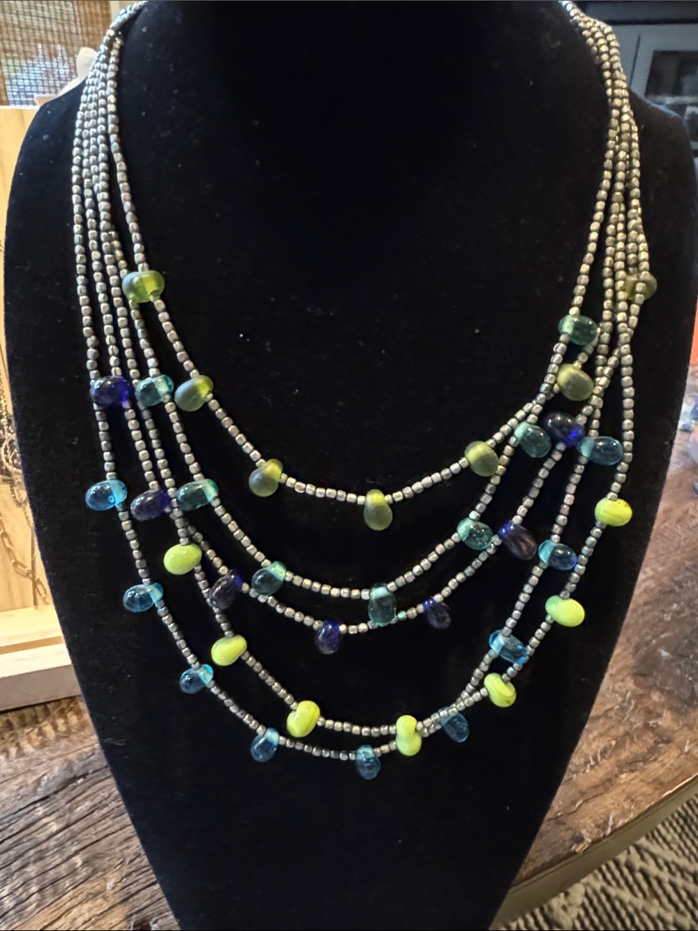Vintage Multi-Strand Glass Bead Necklace in Lime & Teal
